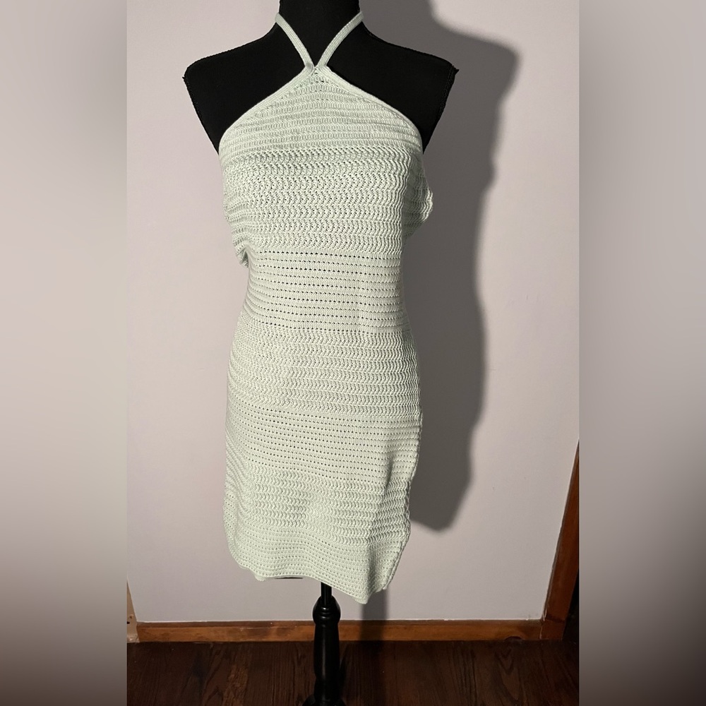 NWT French Connection Womens Crochet Mini Halter Aqua Foam Dress Tie Neck Sz M